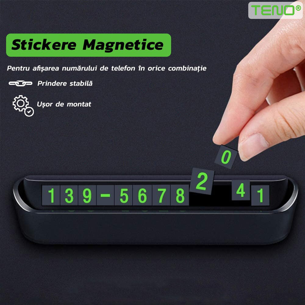 Suport Auto pentru Numarul de Telefon Teno38, stickere magnetice, adeziv puternic, dimensiuni reduse, negru