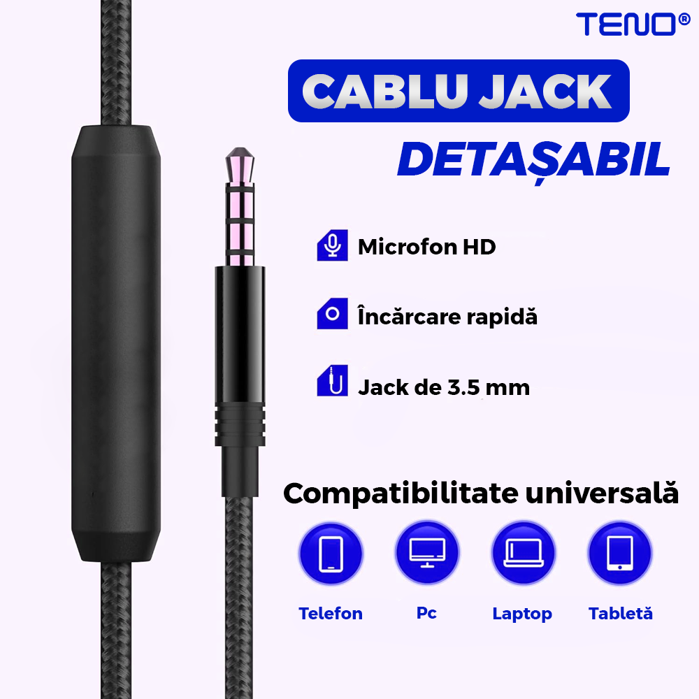 Casti Wireless Teno963, overear, bluetooth 4.2, extra bass, blocare sunete externe, slot card TF, functii multiple, albastru