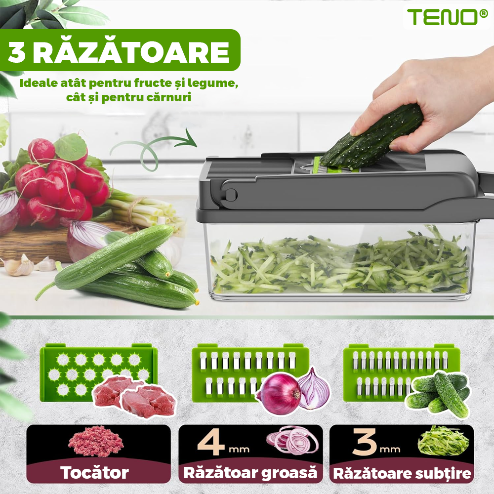 Feliator de Legume 13 in 1 Teno752, multifunctional, 8 taieturi, accesorii pentru tocat, maruntit, feliat, julienne, separator de oua, lame de inox, 28 x 13 cm, verde