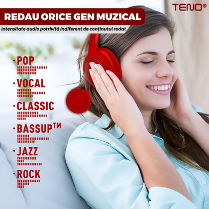 Casti Wireless Teno958, TV11, overear, bluetooth 4.1, extra bass bright series MP3 cu microfon, radio Fm si SD card, rosu
