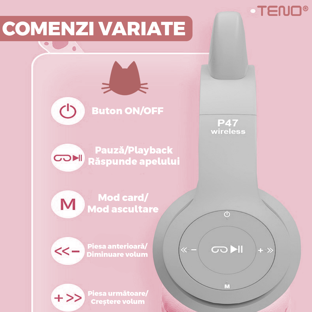 Casti Wireless Model Pisica Teno953, P47M, overear, urechi de pisica cu iluminare RGB, bluetooth 5.0, handsfree, HiFi, bass stereo, gri/roz