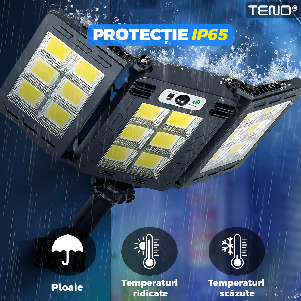 Lampa Solara Stradala 18 LED-uri Teno875, 3 capete, control prin telecomanda, senzor de miscare, 3 moduri de iluminare, protectie IP65, Waterproof, exterior, negru
