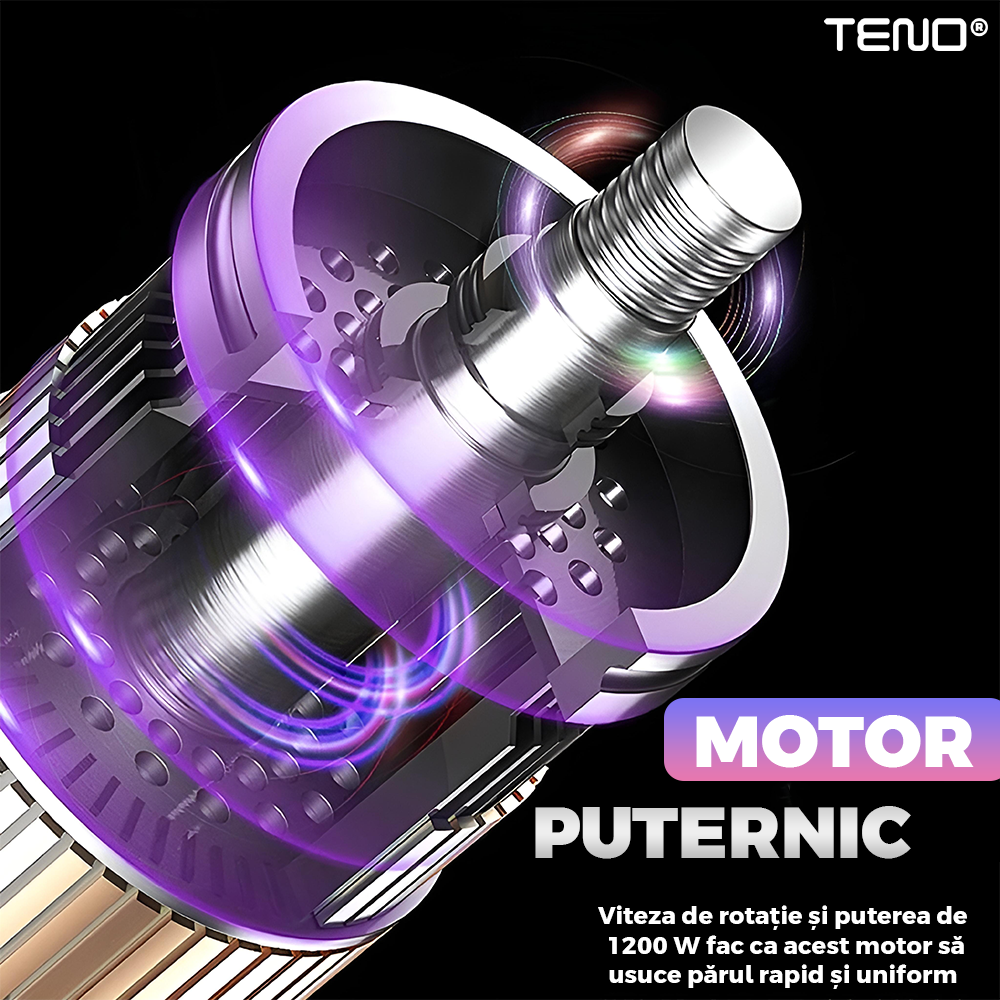 Uscator Profesional de Par 3 in 1 Teno973, aparat multifunctional coafare si uscare, 3 accesorii incluse, 1200W, multicolor pastel