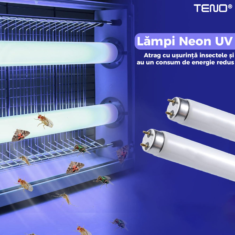 Aparat Electric Anti-Insecte Teno223, 6W, Insectocutor cu 2x tuburi ultraviolete, raza de actiune 200 m², unghi de propagare 360º, design modern, alb