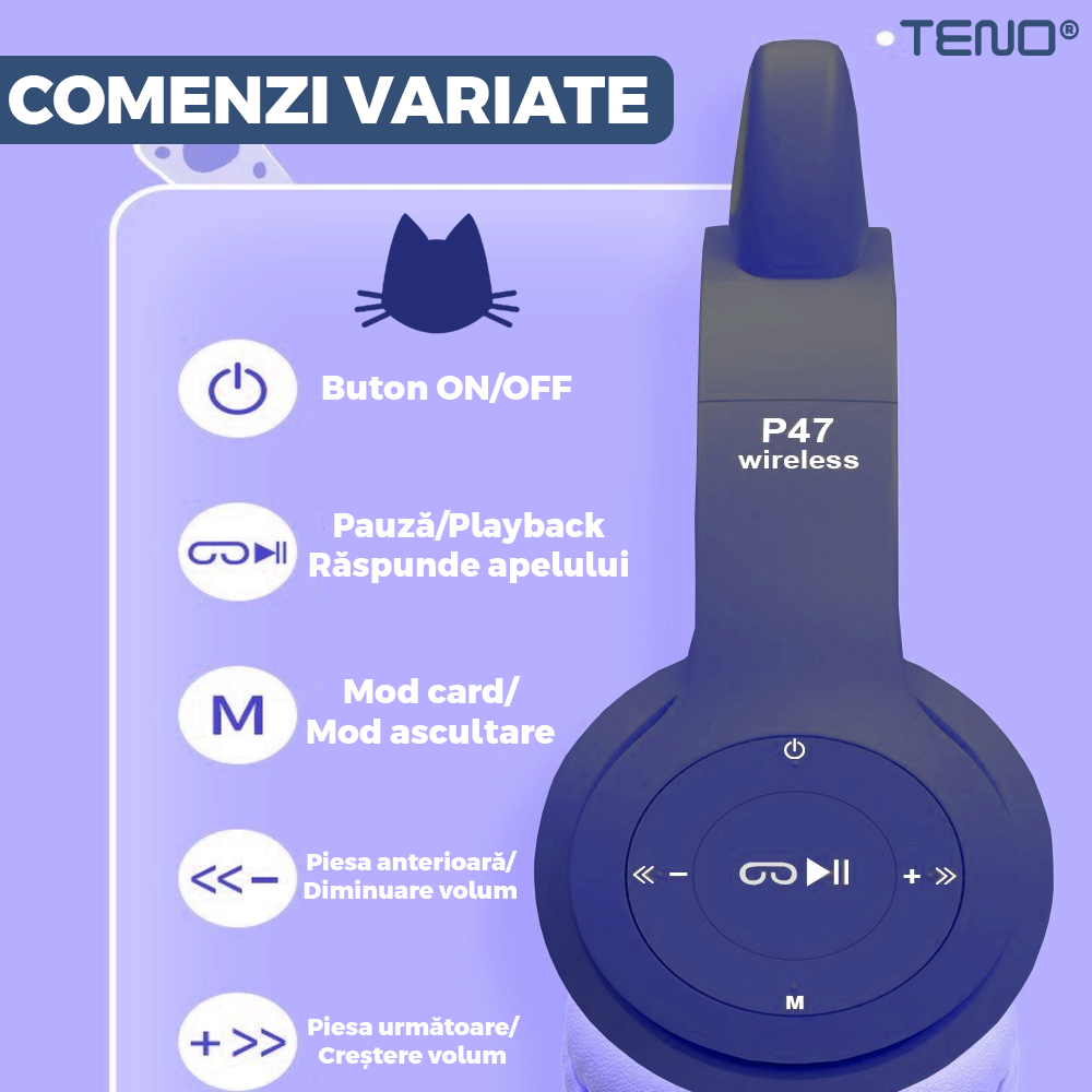 Casti Wireless Model Pisica Teno954, P47M, overear, urechi de pisica cu iluminare RGB, bluetooth 5.0, handsfree, HiFi, bass stereo, albastru inchis