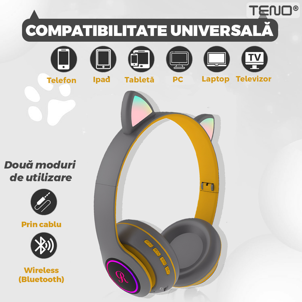 Casti Wireless Model Pisica Teno®, overear, urechi de pisica cu iluminare RGB, bluetooth 5.0, handsfree, HiFi, bass stereo, gri/galben