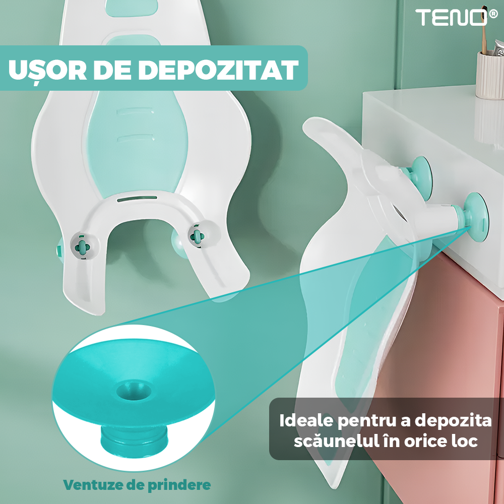 Scaun Portabil de Baie Teno980, nou-nascuti si bebelusi, cu suport montabil tip ventuza pe chiuveta, lavoar sau cada, antiderapant, colturi rotunjite, turcoaz