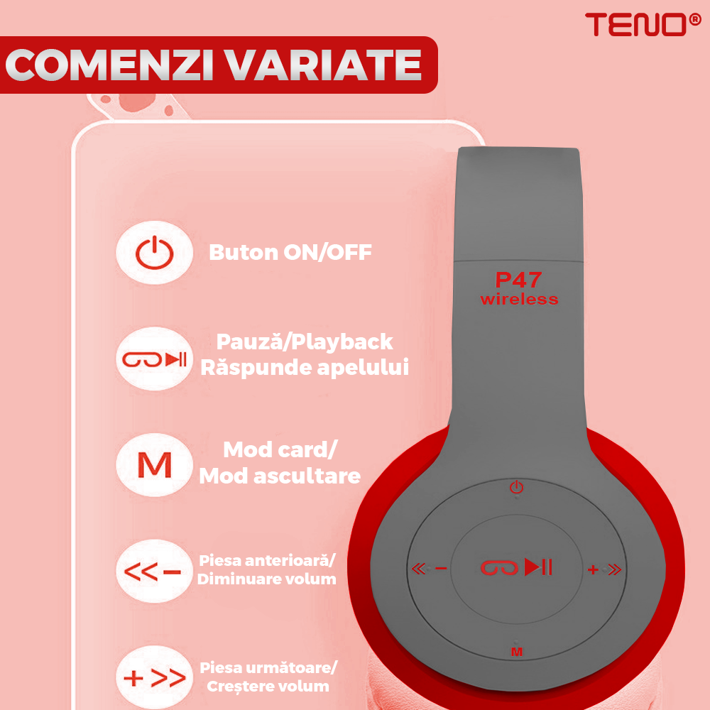 Casti Wireless Teno956, P47, overear, bluetooth 5.0, 3 porturi integrate, handsfree, HiFi, bass stereo, gri/rosu