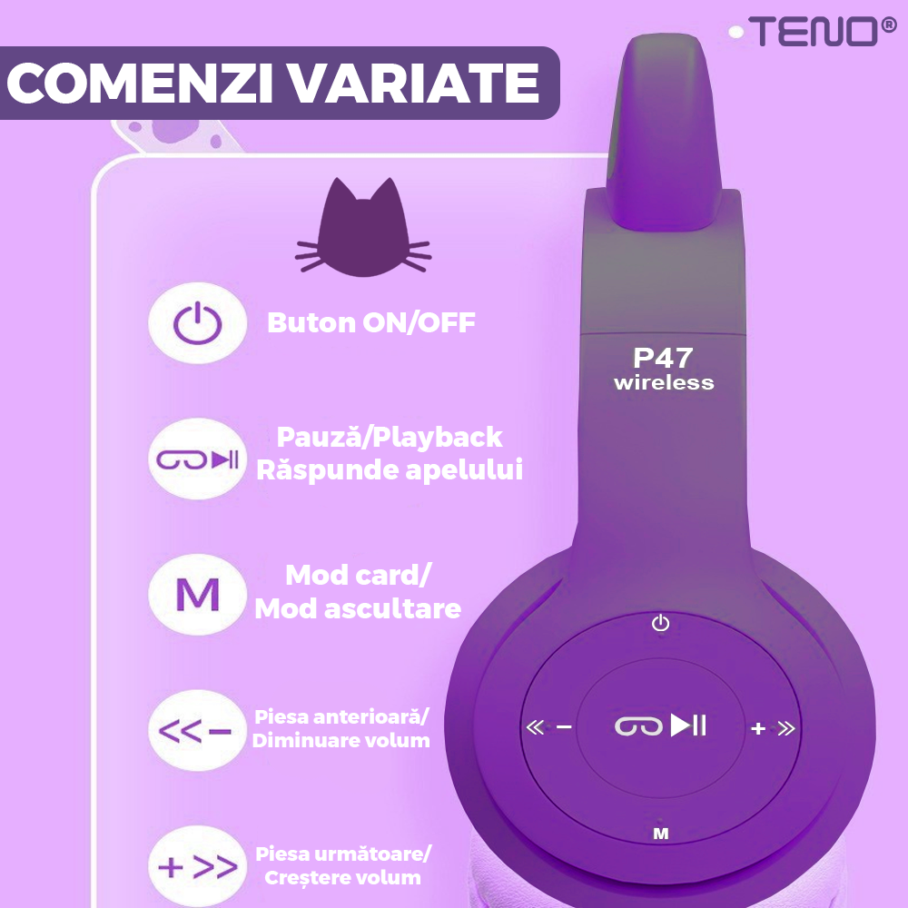 Casti Wireless Model Pisica Teno952, P47M, overear, urechi de pisica cu iluminare RGB, bluetooth 5.0, handsfree, HiFi, bass stereo, mov