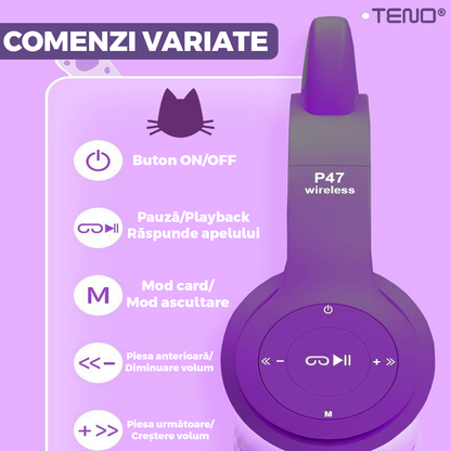 Casti Wireless Model Pisica Teno952, P47M, overear, urechi de pisica cu iluminare RGB, bluetooth 5.0, handsfree, HiFi, bass stereo, mov
