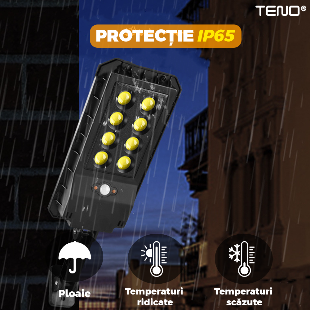 Lampa Solara Stradala 8 LED-uri Teno865, tip bec, control prin telecomanda, senzor de miscare, 3 moduri de iluminare, protectie IP65, Waterproof, exterior, negru