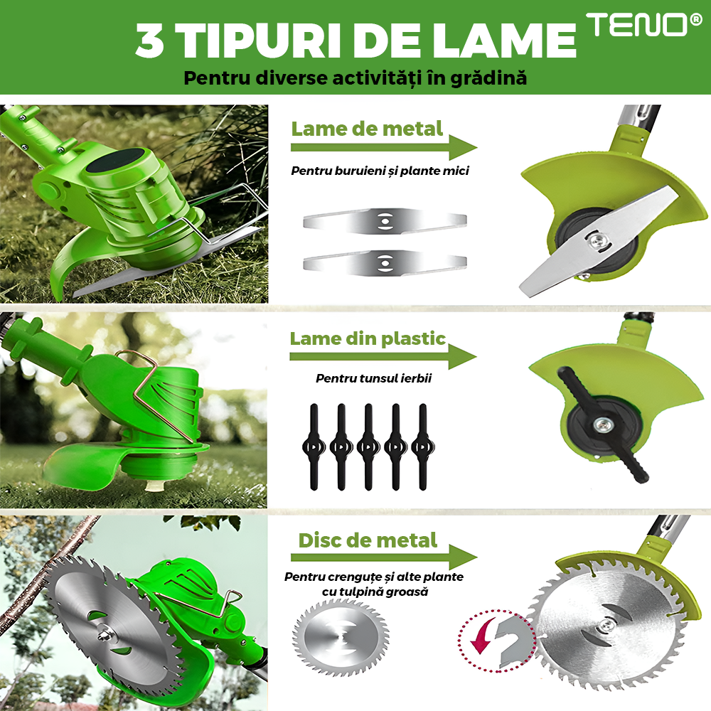 Motocoasa Electrica Teno975, acumulator 48V, baston telescopic, 3 tipuri de lame pentru taiere, 18000 RPM, autonomie de 2-3 ore, accesorii incluse, verde