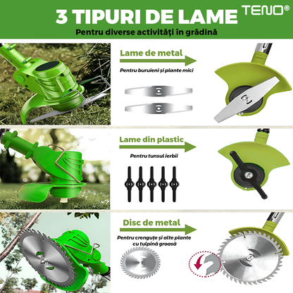 Motocoasa Electrica Teno975, acumulator 48V, baston telescopic, 3 tipuri de lame pentru taiere, 18000 RPM, autonomie de 2-3 ore, accesorii incluse, verde