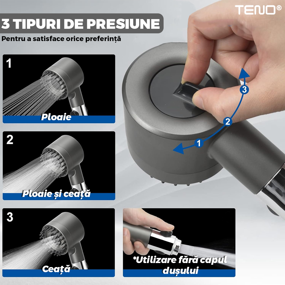 Para de Dus Teno976, 6 filtre extra, buton On/Off, presiune ajustabila, filtrare apa, jet uniform, zimti de silicon pentru curatare, gri