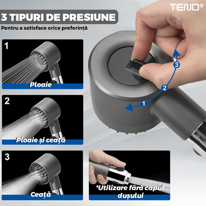 Para de Dus Teno976, 6 filtre extra, buton On/Off, presiune ajustabila, filtrare apa, jet uniform, zimti de silicon pentru curatare, gri