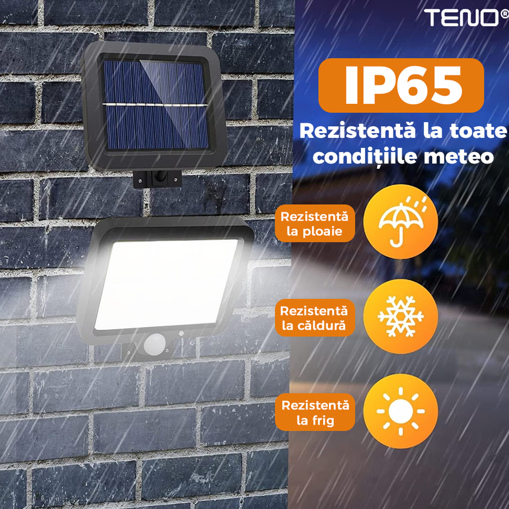 Lampa Solara 6 LED-uri Teno888, senzor de miscare, control prin telecomanda, 3 moduri de iluminare, protectie IP65, Waterproof, exterior, negru