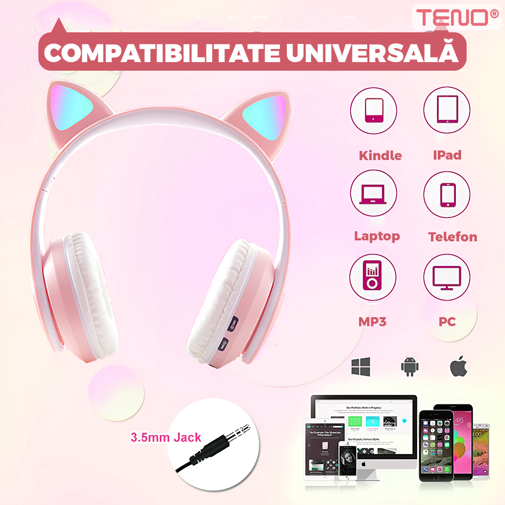 Casti Wireless Model Pisica Teno949, B39, overear, urechi de pisica cu iluminare RGB, bluetooth 5.0, handsfree, HiFi, bass stereo, roz
