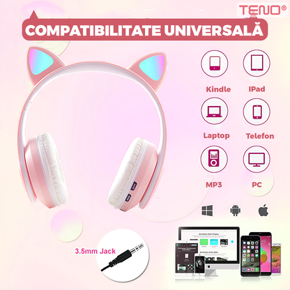 Casti Wireless Model Pisica Teno949, B39, overear, urechi de pisica cu iluminare RGB, bluetooth 5.0, handsfree, HiFi, bass stereo, roz
