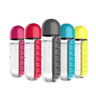 Sticla de apa cu organizator de medicamente, 600ml, multicolor