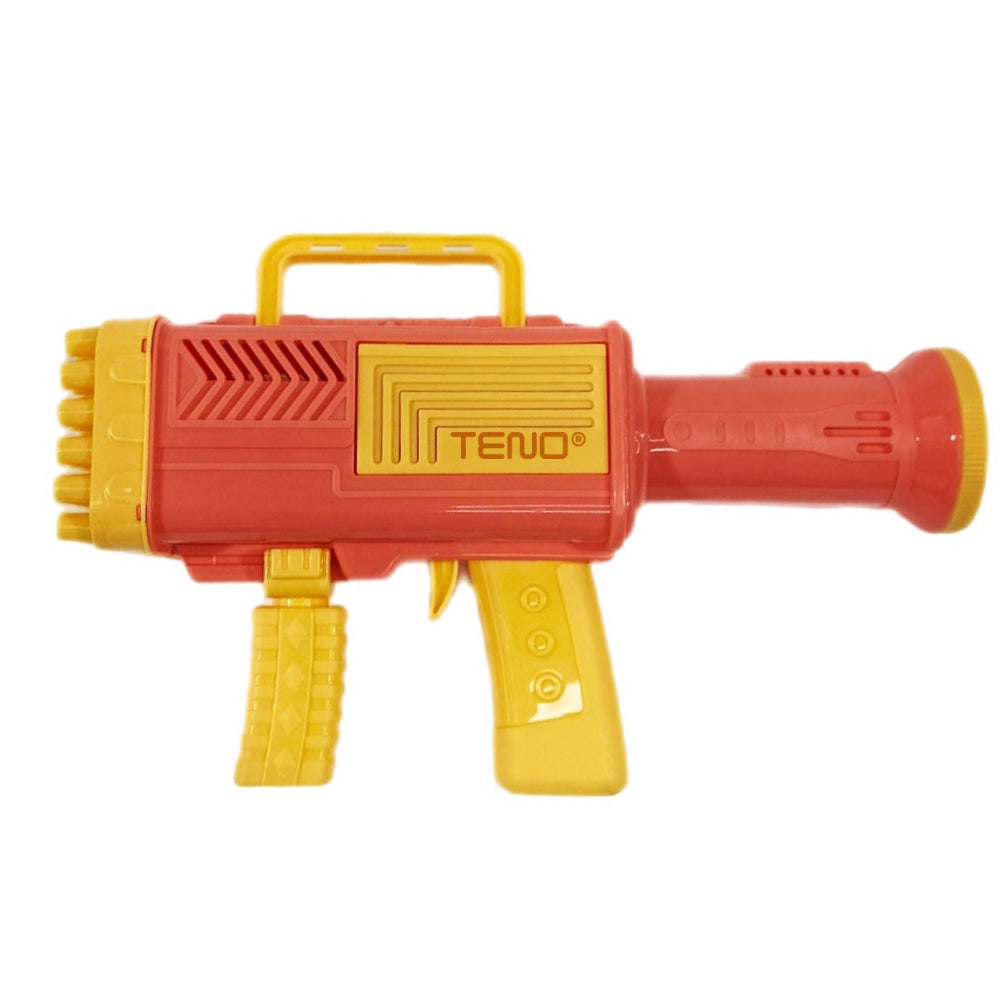 Pistol de Facut Baloane Bubble Gun Teno65, tip Bazooka, automat, 34 orificii pentru bule, alimentare cu baterii, portocaliu/rosu