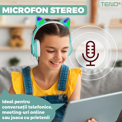 Casti Wireless Model Pisica Teno948, STN-28, overear, urechi de pisica cu iluminare RGB, bluetooth 5.0, handsfree, HiFi, bass stereo, turcoaz