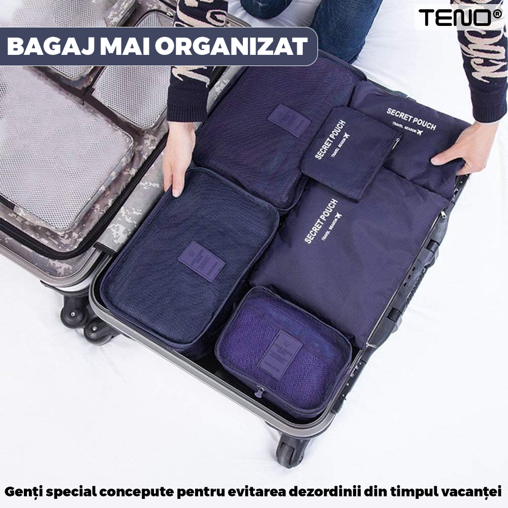 Set 6 Organizatoare Teno671, pentru calatorie, diferite marimi, bagaj de voiaj, valiza, troler, genti, haine, accesorii, inchidere cu fermoar dublu, plasa, albastru inchis
