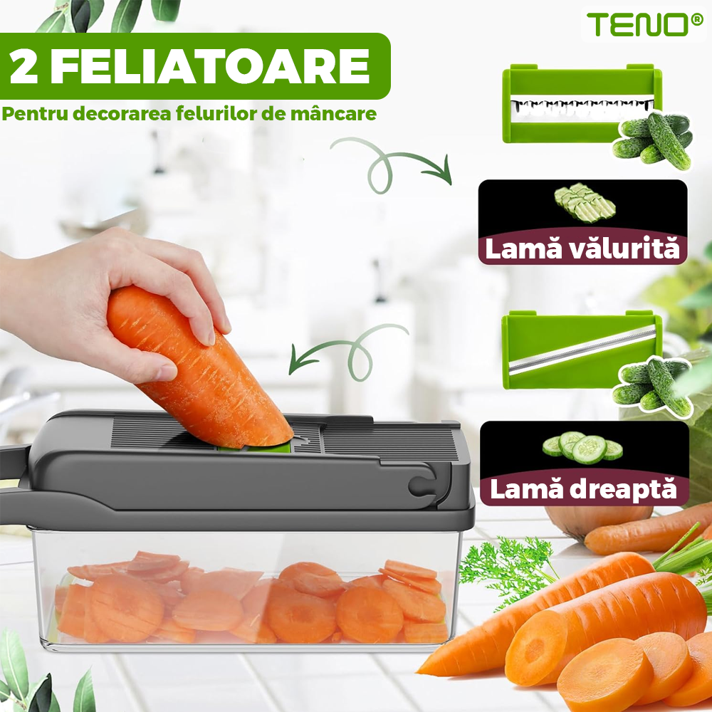 Feliator de Legume 13 in 1 Teno752, multifunctional, 8 taieturi, accesorii pentru tocat, maruntit, feliat, julienne, separator de oua, lame de inox, 28 x 13 cm, verde