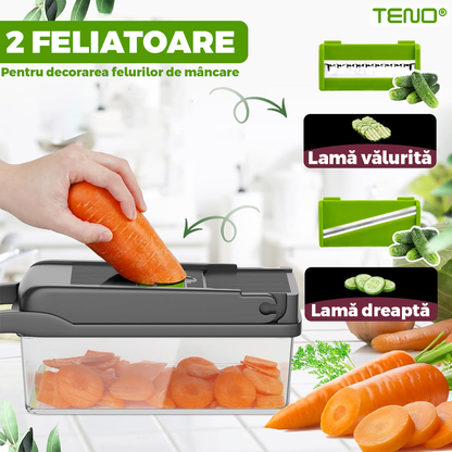 Feliator de Legume 13 in 1 Teno752, multifunctional, 8 taieturi, accesorii pentru tocat, maruntit, feliat, julienne, separator de oua, lame de inox, 28 x 13 cm, verde