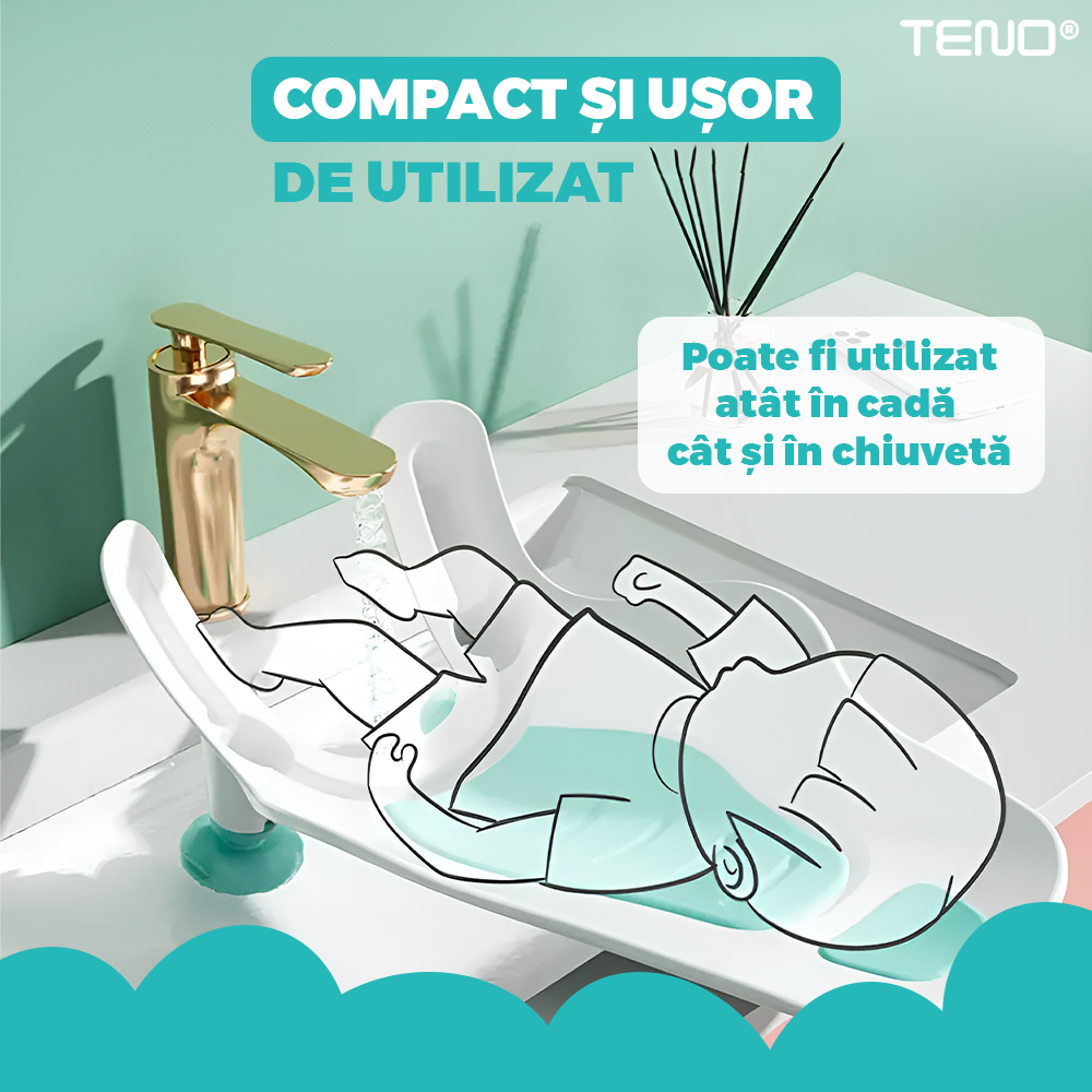 Scaun Portabil de Baie Teno980, nou-nascuti si bebelusi, cu suport montabil tip ventuza pe chiuveta, lavoar sau cada, antiderapant, colturi rotunjite, turcoaz