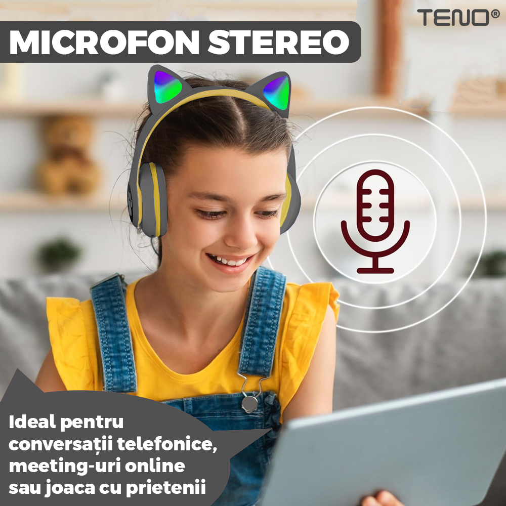 Casti Wireless Model Pisica Teno®, overear, urechi de pisica cu iluminare RGB, bluetooth 5.0, handsfree, HiFi, bass stereo, gri/galben