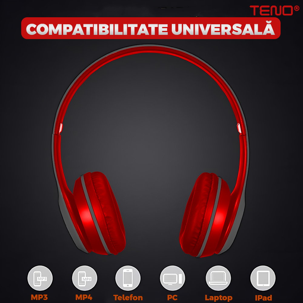 Casti Wireless Teno956, P47, overear, bluetooth 5.0, 3 porturi integrate, handsfree, HiFi, bass stereo, gri/rosu