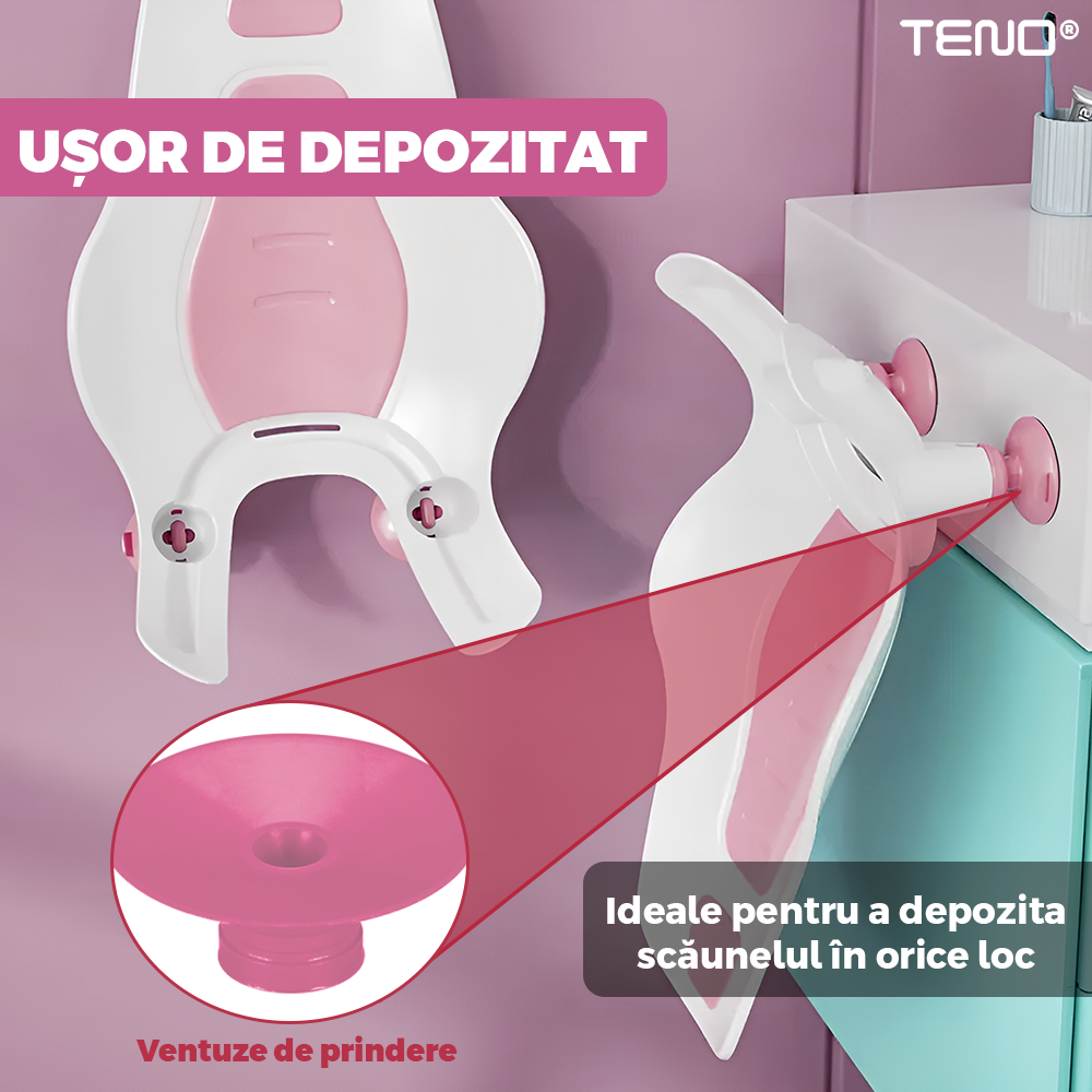 Scaun Portabil de Baie Teno981, nou-nascuti si bebelusi, cu suport montabil tip ventuza pe chiuveta, lavoar sau cada, antiderapant, colturi rotunjite, roz