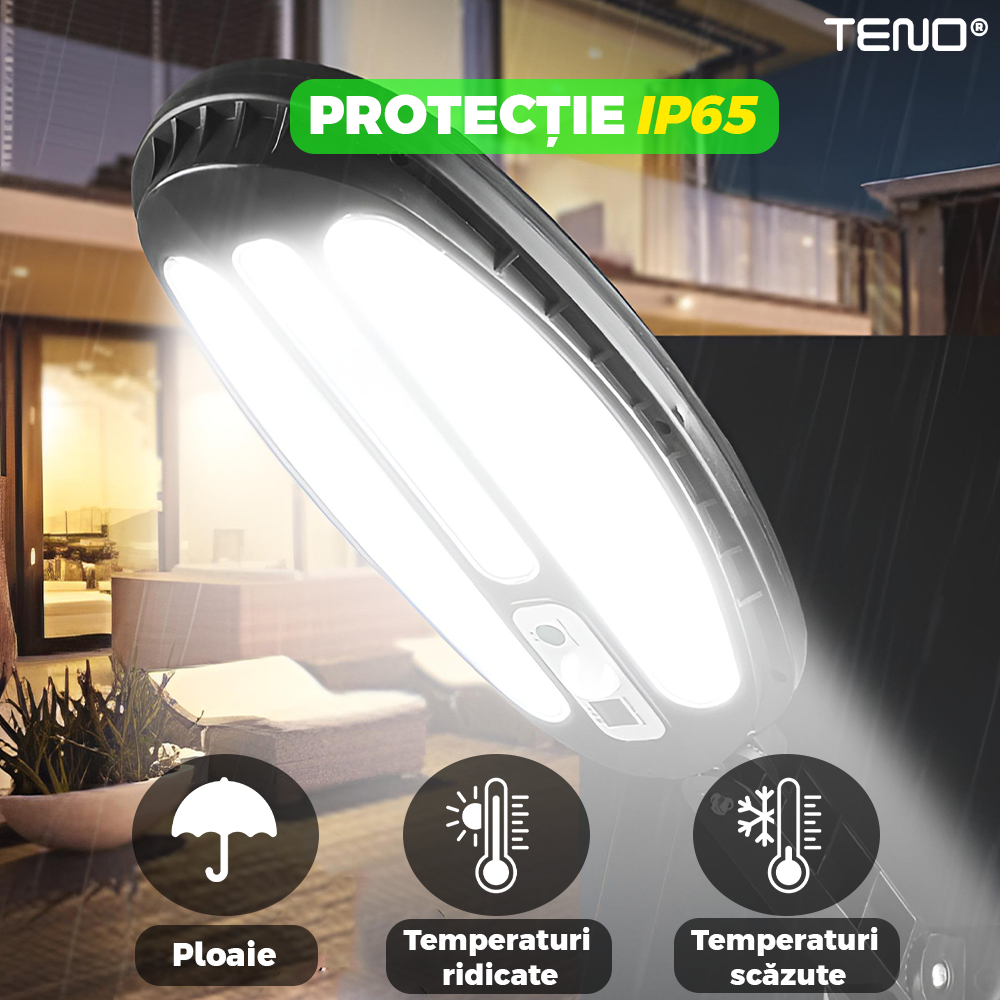 Lampa Solara Stradala 3 LED-uri Teno885, rotunda, control prin telecomanda, senzor de miscare, 3 moduri de iluminare, protectie IP65, Waterproof, exterior, negru