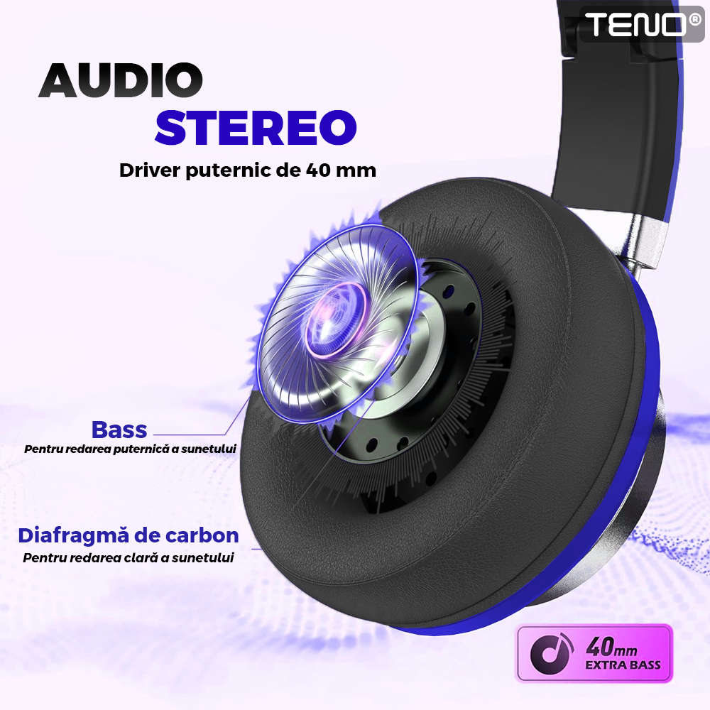 Casti Wireless Teno963, overear, bluetooth 4.2, extra bass, blocare sunete externe, slot card TF, functii multiple, albastru