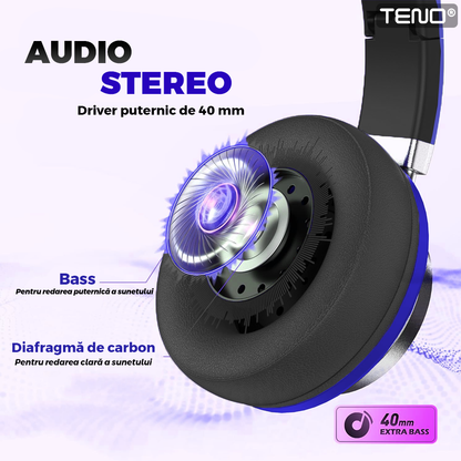 Casti Wireless Teno963, overear, bluetooth 4.2, extra bass, blocare sunete externe, slot card TF, functii multiple, albastru