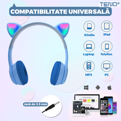 Casti Wireless Model Pisica Teno955, P47M, overear, urechi de pisica cu iluminare RGB, bluetooth 5.0, handsfree, HiFi, bass stereo, albastru deschis