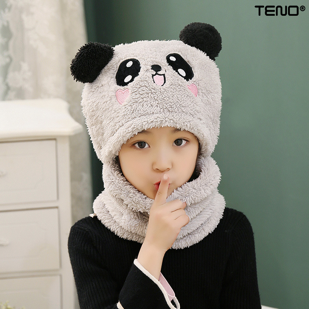 Caciula Pentru Copii Tip Cagula Teno520, 2 in 1, tematica lumea animalelor, model ursulet panda zambitor, 1-5 ani, gri