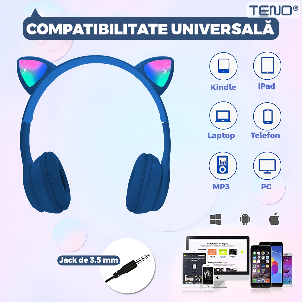 Casti Wireless Model Pisica Teno954, P47M, overear, urechi de pisica cu iluminare RGB, bluetooth 5.0, handsfree, HiFi, bass stereo, albastru inchis
