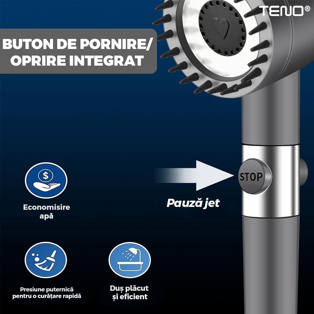 Para de Dus Teno976, 6 filtre extra, buton On/Off, presiune ajustabila, filtrare apa, jet uniform, zimti de silicon pentru curatare, gri
