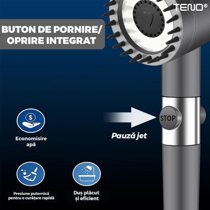 Para de Dus Teno976, 6 filtre extra, buton On/Off, presiune ajustabila, filtrare apa, jet uniform, zimti de silicon pentru curatare, gri