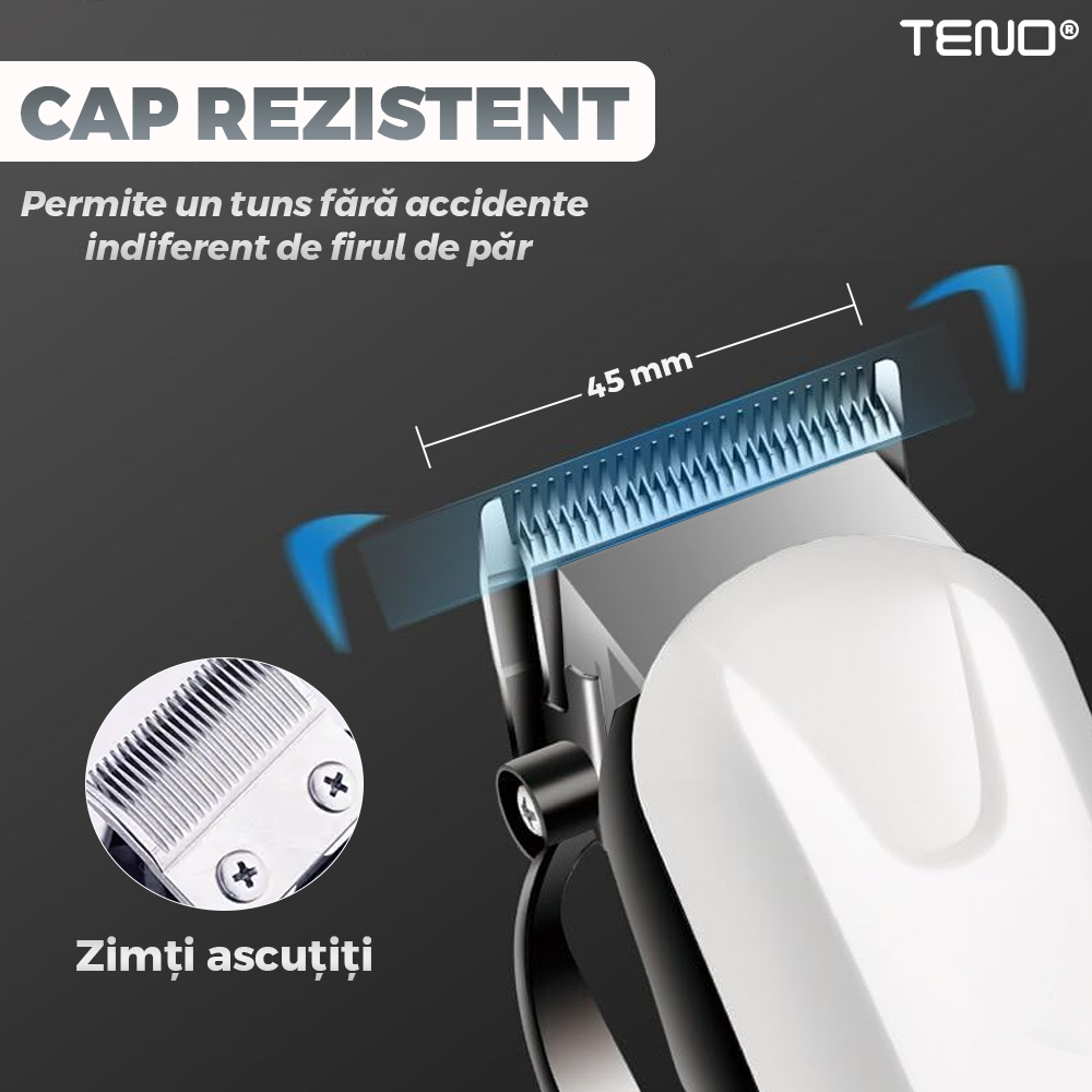 Aparat de tuns barba Teno979, afisaj digital, 4 piepteni inclusi, incarcare la retea, lame ascutite, usor de curatat, trimmer profesional, alb