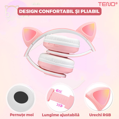 Casti Wireless Model Pisica Teno949, B39, overear, urechi de pisica cu iluminare RGB, bluetooth 5.0, handsfree, HiFi, bass stereo, roz