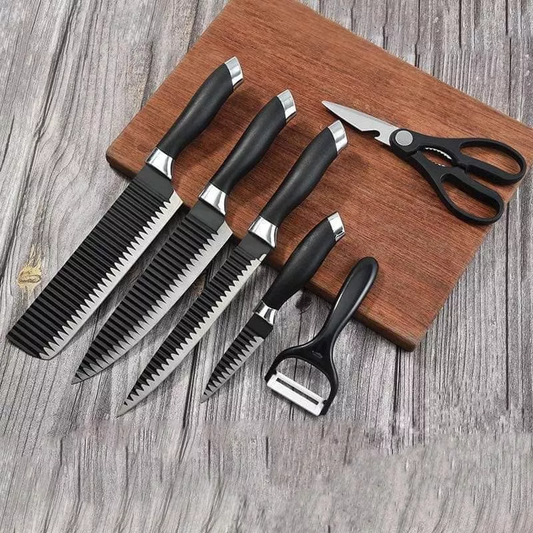 Set cutite bucatarie alcatuit din 6 piese, foarfeca, ascutitor, decojitor, otel inoxidabil