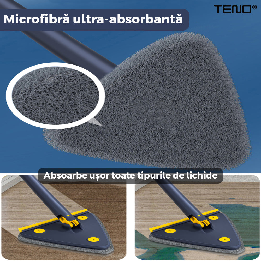 Mop cu Cap Triunghiular Teno321, rotire 360 grade, telescopic, curatare usoara, 4 lavete incluse, 127 cm, albastru/galben