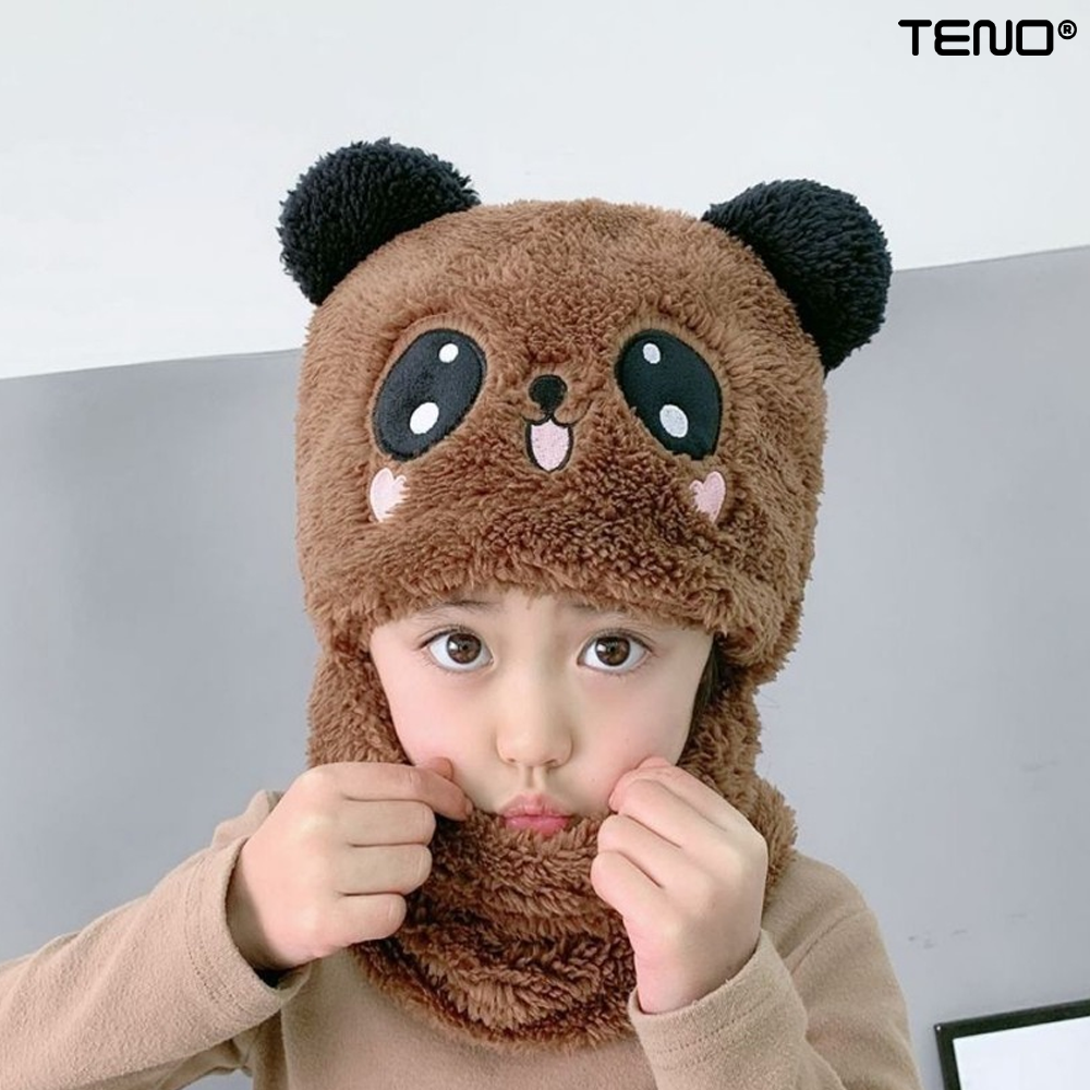 Caciula Pentru Copii Tip Cagula Teno521, 2 in 1, tematica lumea animalelor, model ursulet panda zambitor, 1-5 ani, maro