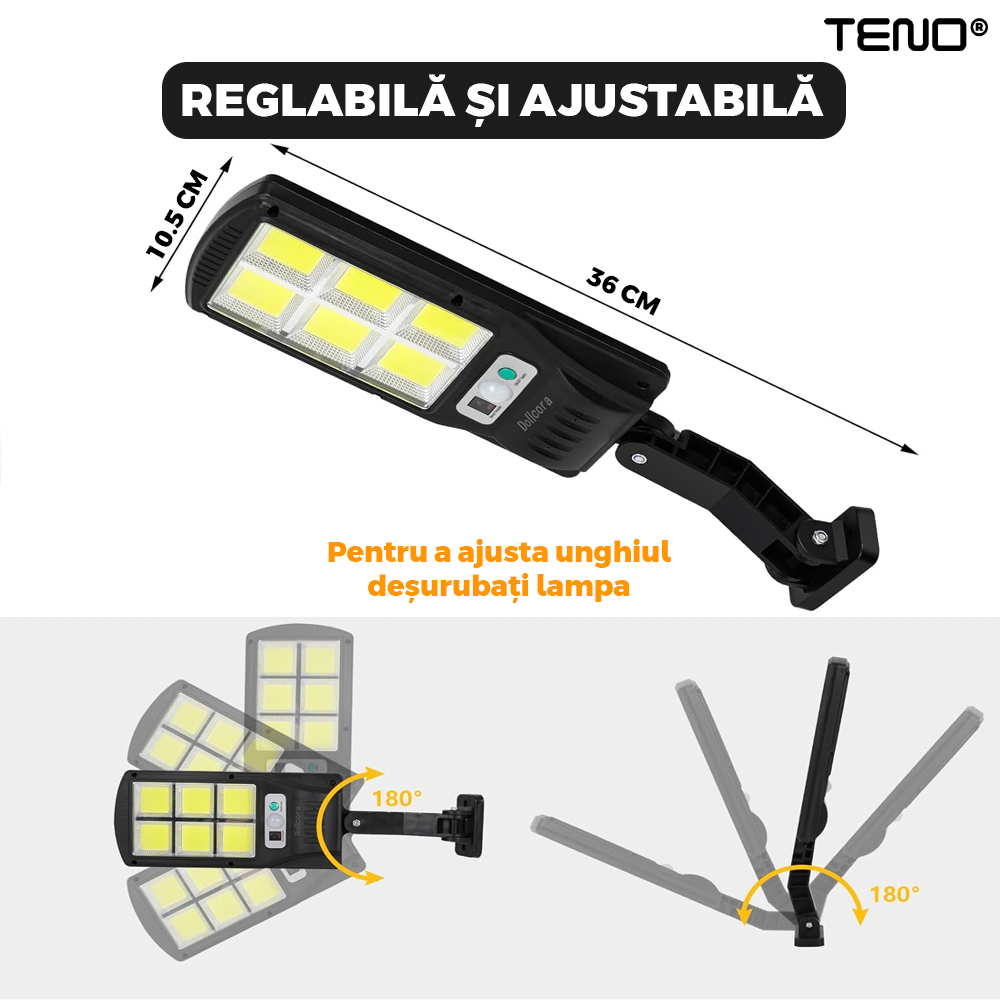 Lampa Solara Stradala 6 LED-uri Teno861, control prin telecomanda, senzor de miscare, 3 moduri de iluminare, protectie IP67, Waterproof, exterior, negru