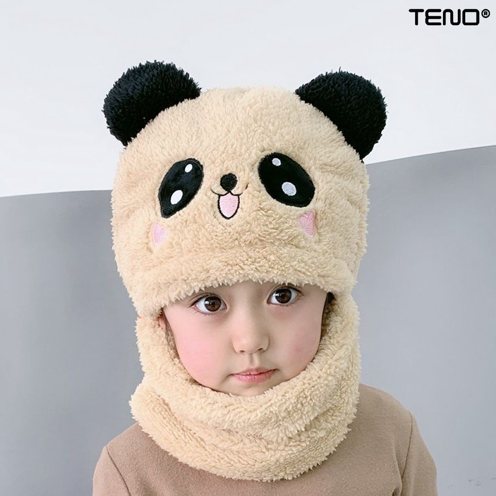 Caciula Pentru Copii Tip Cagula Teno519, 2 in 1, tematica lumea animalelor, model ursulet panda zambitor, 1-5 ani, bej