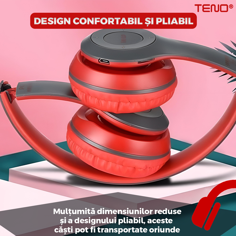 Casti Wireless Teno956, P47, overear, bluetooth 5.0, 3 porturi integrate, handsfree, HiFi, bass stereo, gri/rosu