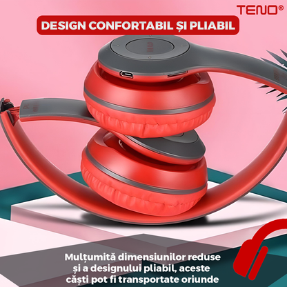 Casti Wireless Teno956, P47, overear, bluetooth 5.0, 3 porturi integrate, handsfree, HiFi, bass stereo, gri/rosu