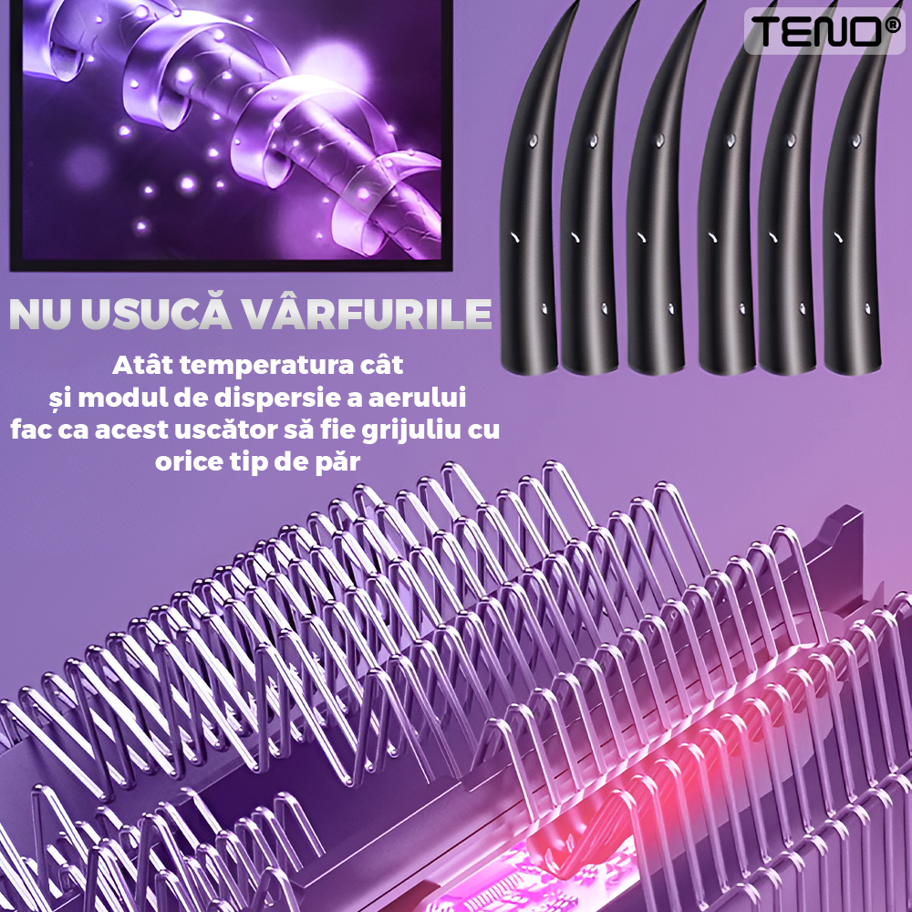 Uscator Profesional de Par 3 in 1 Teno973, aparat multifunctional coafare si uscare, 3 accesorii incluse, 1200W, multicolor pastel